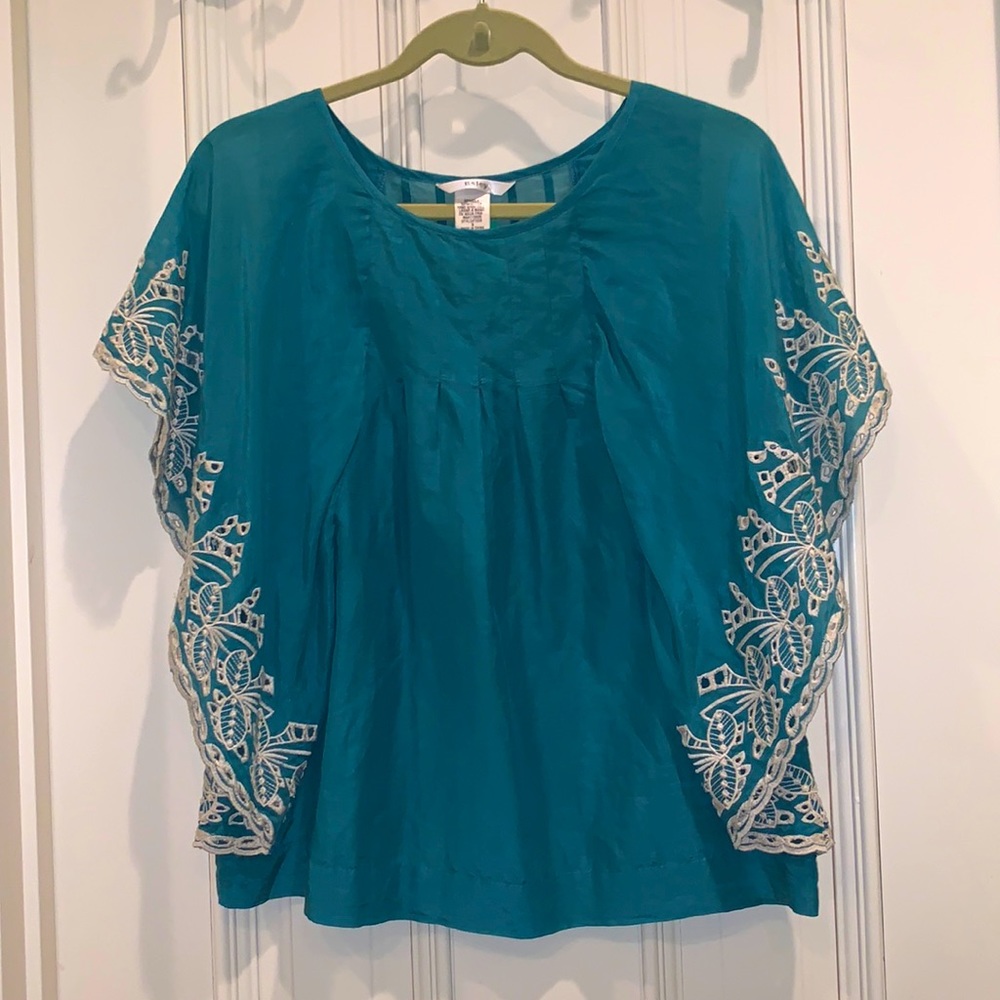 ESLEY BOHO GREEN CUTWORK FLOWY BLOUSE SILK COTTON